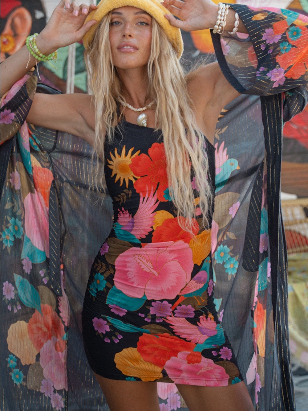 Spell Beach Bar Mini Dress One Shoulder Black Floral Print in After Dark Print